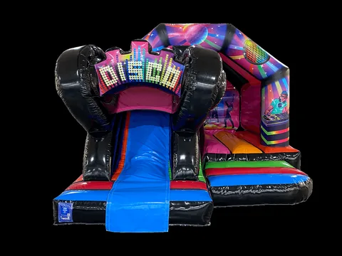Dmuchaniec kombi 3D Disco ze zjeżdżalnią z przodu 4,7 × 3,7 m, wielokolorowy