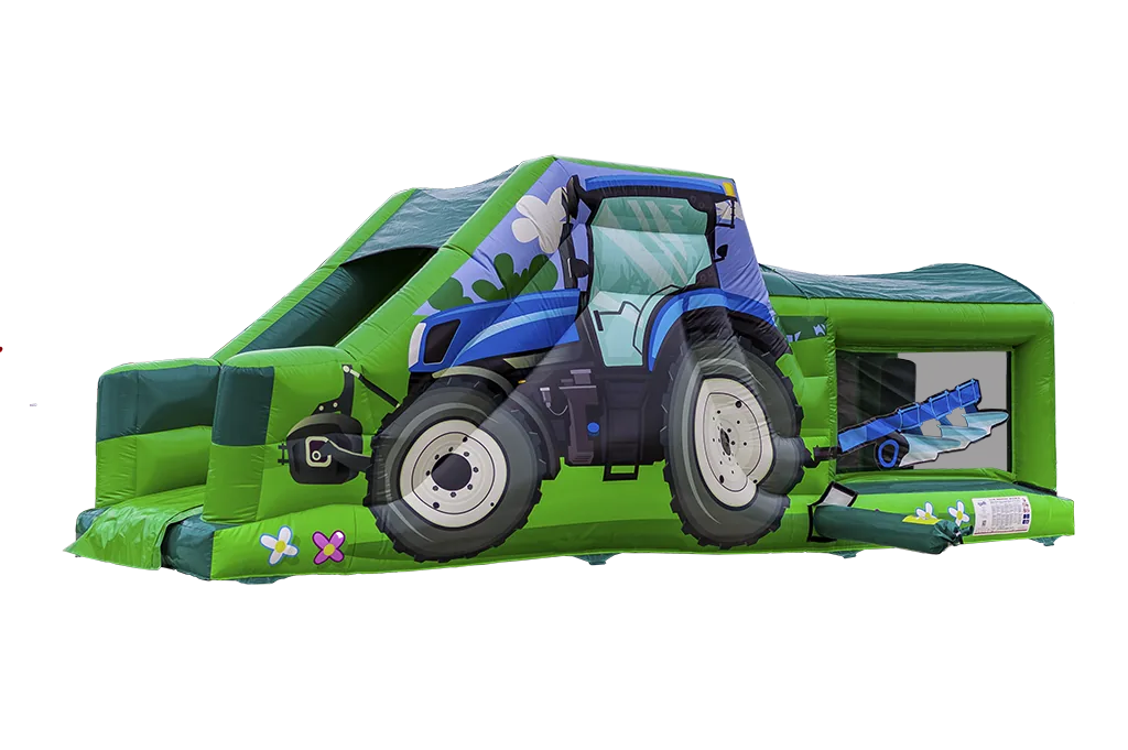 Jednoczęściowy dmuchany tor przeszkód Traktor 8,2 m, niebieski — zdjęcie 1 z 6