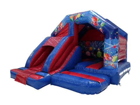 Dmuchaniec kombi Party ze zjeżdżalnią z przodu 4,6 × 3,7 m, niebiesko-czerwony, wersja Disco Ready