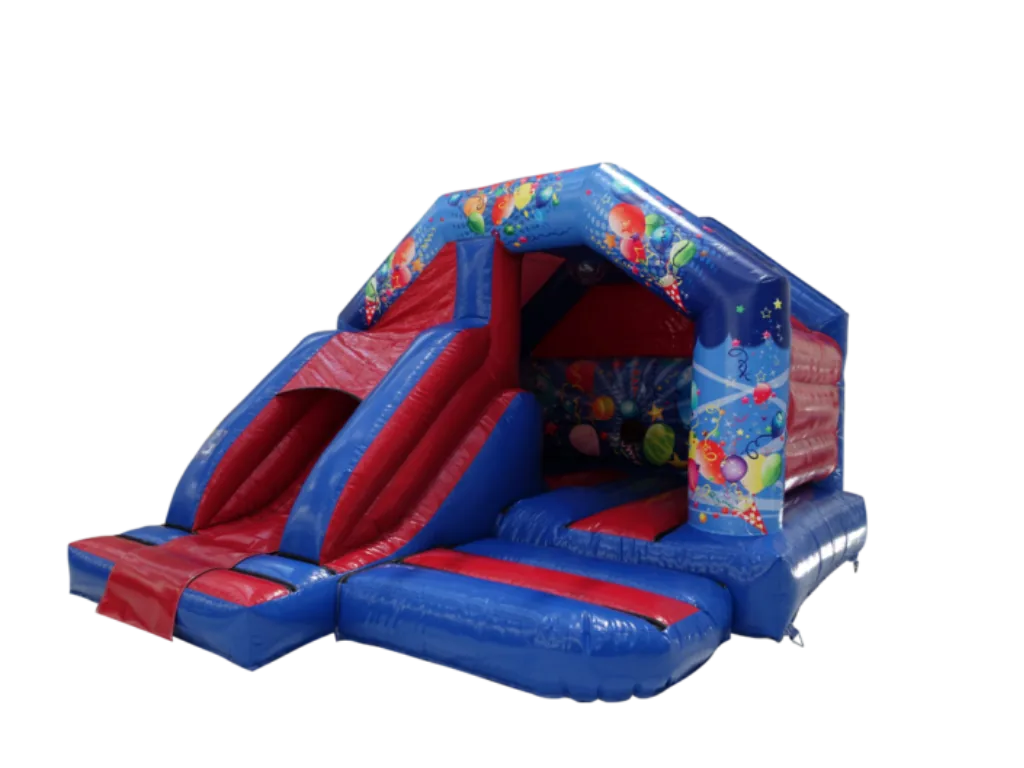 Dmuchaniec kombi Party ze zjeżdżalnią z przodu 6,55 × 3,75 m, niebiesko-czerwony, wersja Disco Ready — zdjęcie 1 z 1