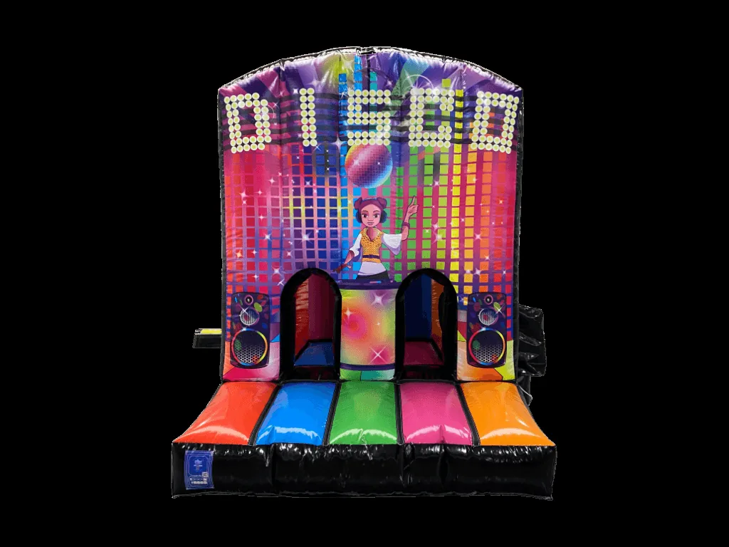 Jednoczęściowy dmuchany tor przeszkód Disco 8,4 m, wielokolorowy, wersja Disco Ready — zdjęcie 3 z 6