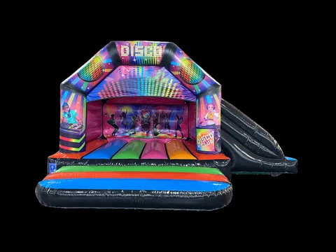 Dmuchaniec kombi Disco z boczną zjeżdżalnią 3,9 × 5,45 m, wielokolorowy, wersja Disco Ready
