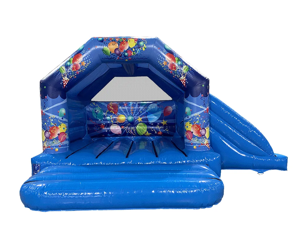 Dmuchaniec kombi Party z boczną zjeżdżalnią 3,9 × 5,45 m, niebieski — zdjęcie 1 z 7