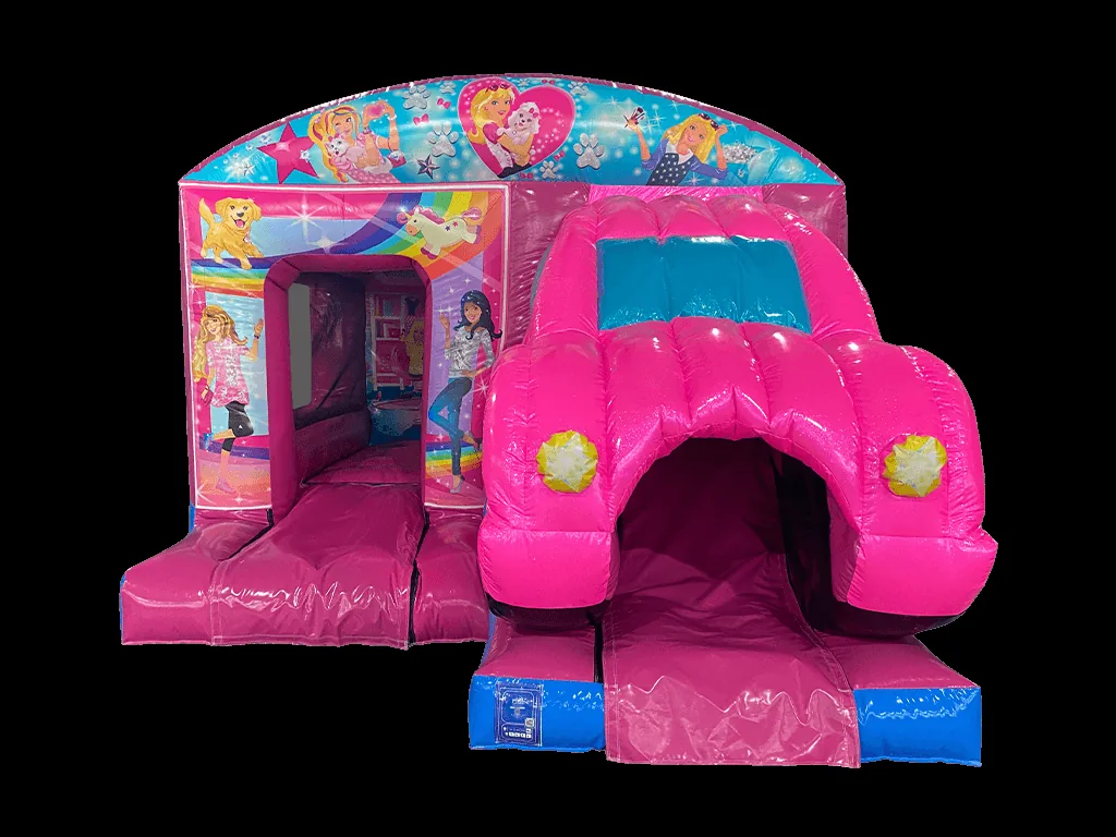 Dmuchaniec kombi 3D Dream Car ze zjeżdżalnią z przodu 5,6 × 3,85 m, różowo-niebieski, wersja Disco Ready — zdjęcie 1 z 6