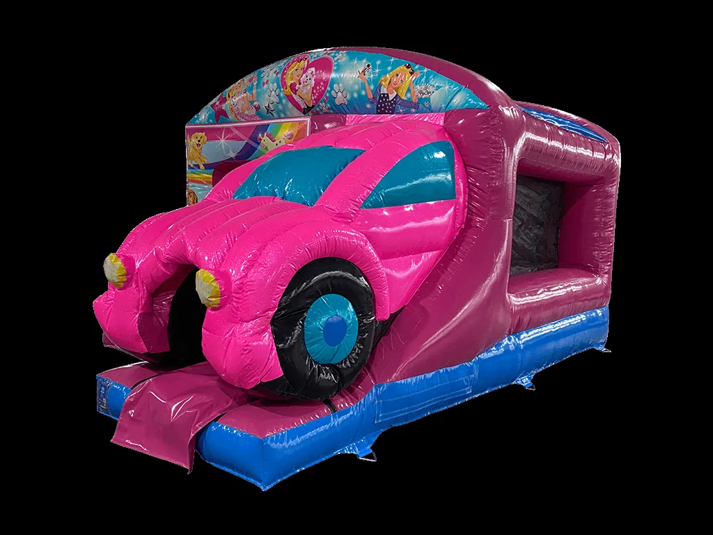 Dmuchaniec kombi 3D Dream Car ze zjeżdżalnią z przodu 5,6 × 3,85 m, różowo-niebieski, wersja Disco Ready — zdjęcie 2 z 6