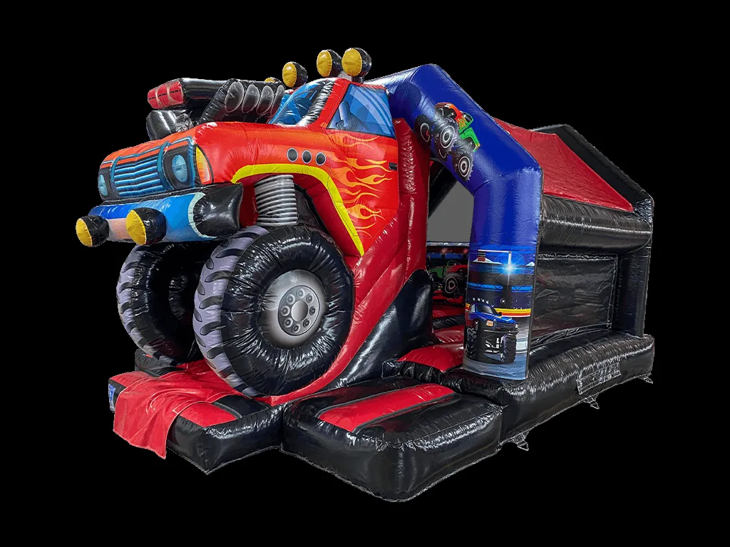 Dmuchaniec kombi 3D Monster Truck ze środkową zjeżdżalnią z przodu 5,5 × 4,1 m, czerwono-czarny — zdjęcie 1 z 4
