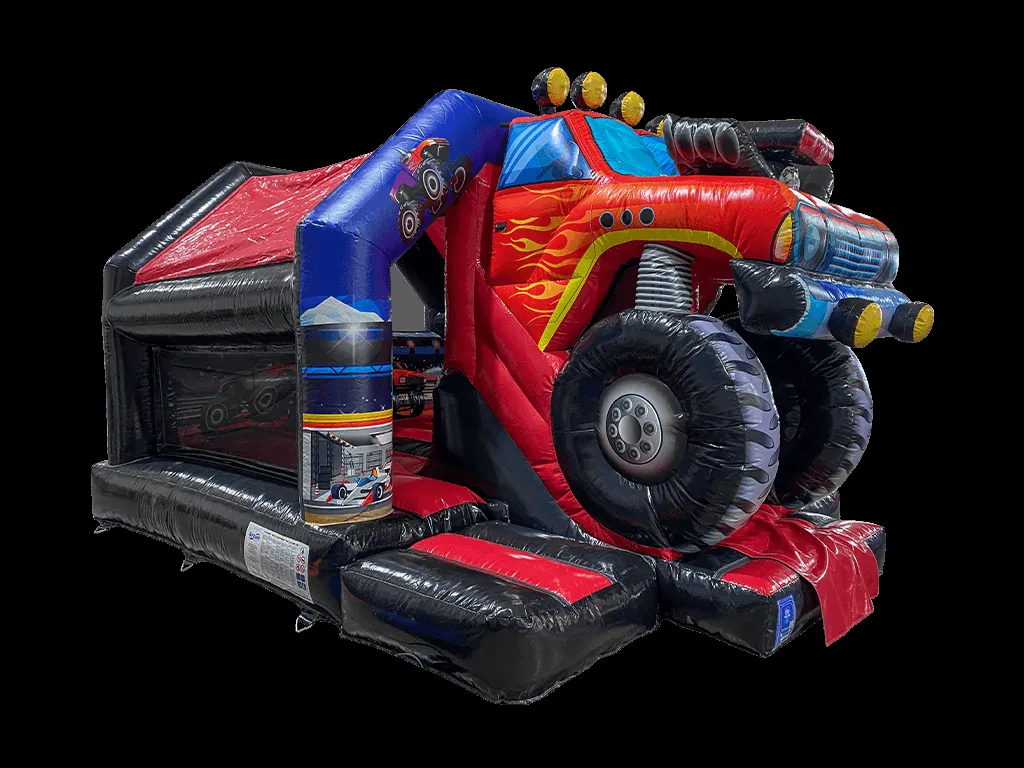 Dmuchaniec kombi 3D Monster Truck ze środkową zjeżdżalnią z przodu 5,5 × 4,1 m, czerwono-czarny — zdjęcie 2 z 4