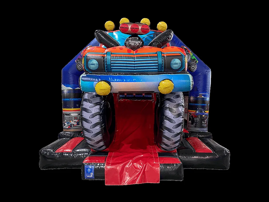 Dmuchaniec kombi 3D Monster Truck ze środkową zjeżdżalnią z przodu 5,5 × 4,1 m, czerwono-czarny — zdjęcie 3 z 4