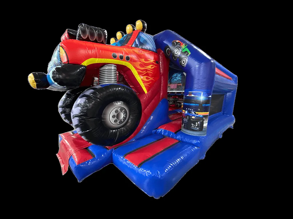 Dmuchaniec kombi 3D Monster Truck ze środkową zjeżdżalnią z przodu 5,5 × 4,1 m, czerwono-czarny — zdjęcie 4 z 4