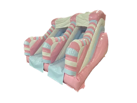 Dmuchana zjeżdżalnia pastelowa niebiesko-biało-różowa 3,5 × 3,4 m