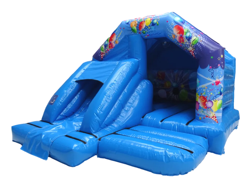 Dmuchaniec kombi Party ze zjeżdżalnią z przodu 4,6 × 3,7 m, niebieski, wersja Disco Ready — zdjęcie 1 z 2