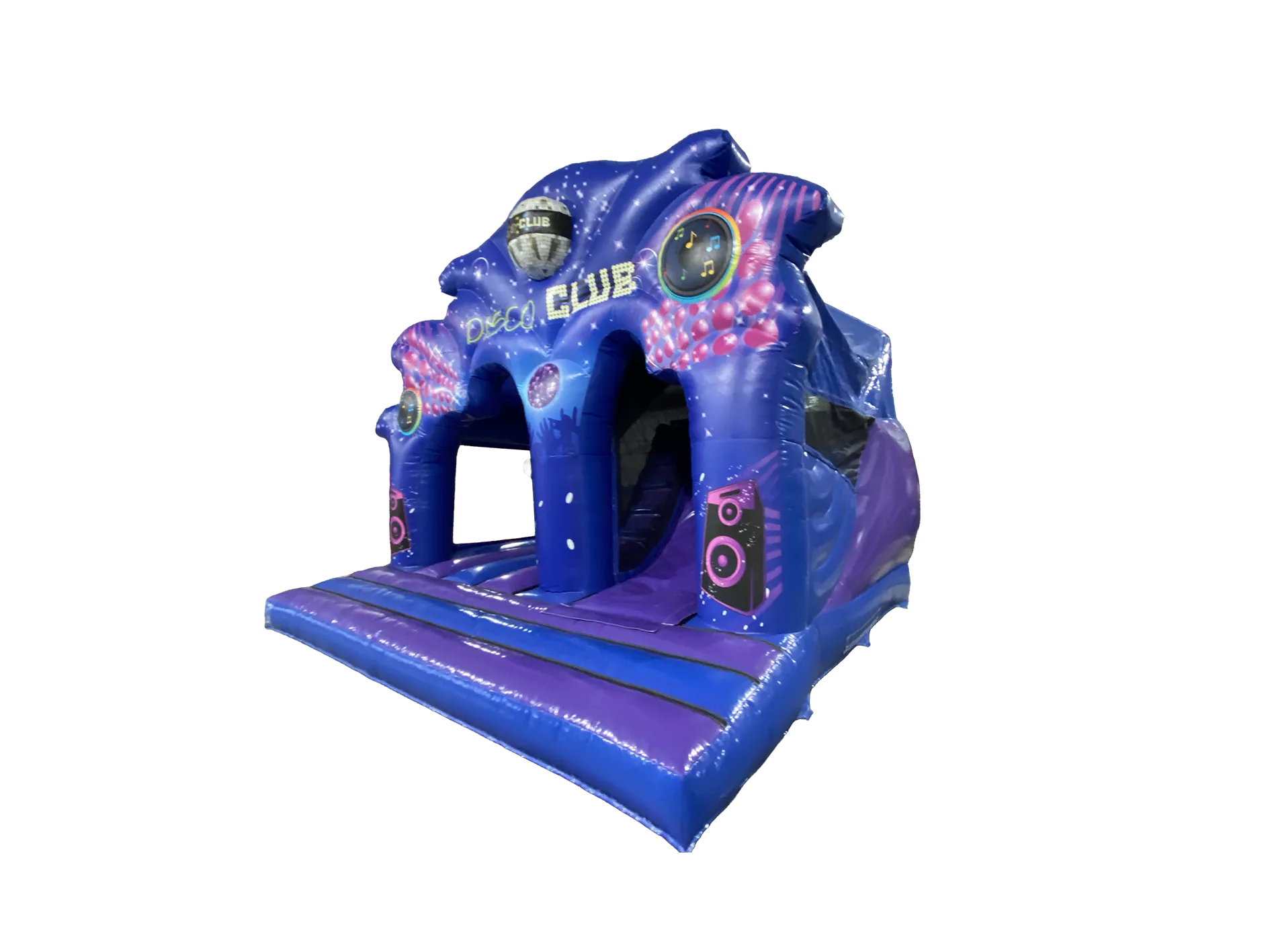 Dmuchany plac zabaw ze zjeżdżalnią Disco Kingdom 4,5 × 5,2 m, fioletowo-niebieski, wersja Disco Ready — zdjęcie 2 z 6