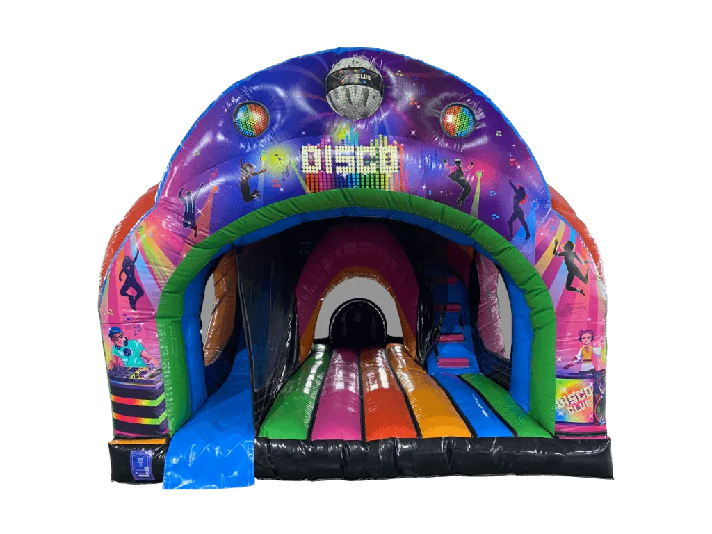 Dmuchaniec kombi Disco z wewnętrzną zjeżdżalnią 4,8 × 4,35 m, wielokolorowy, wersja Disco Ready — zdjęcie 1 z 1