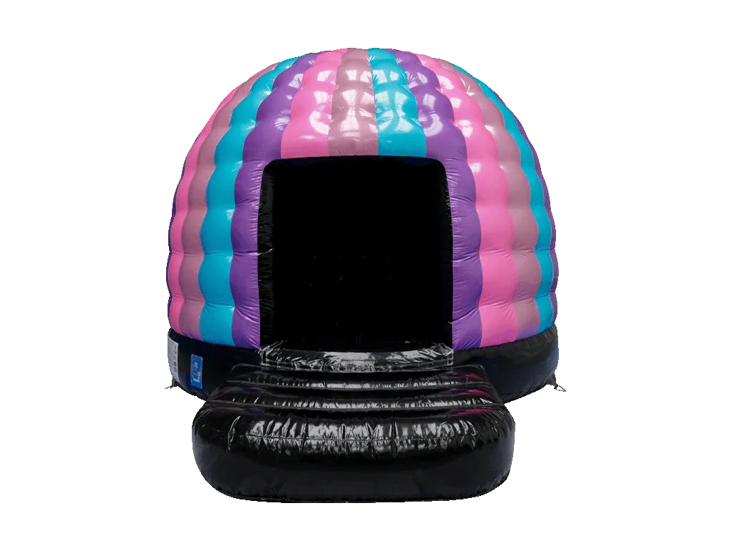 Dmuchana mini kopuła Disco z brokatem 4,8 × 3,8 m, fioletowo-błękitno-różowa, wersja Disco Ready — zdjęcie 1 z 19