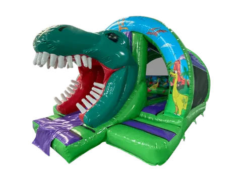 Dmuchaniec kombi 3D Dinozaur zakrzywiony ze zjeżdżalnią z przodu 5,55 × 4,5 m