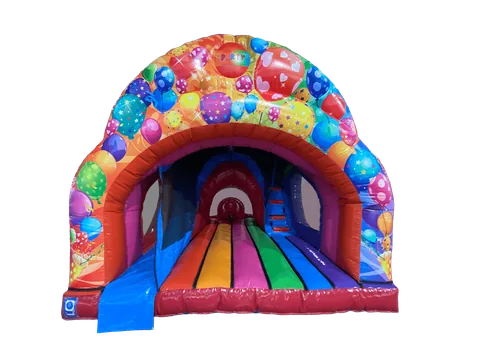 Dmuchaniec Party z zakrzywioną zjeżdżalnią 4,8 × 4,35 m, wielokolorowy, wersja Disco Ready