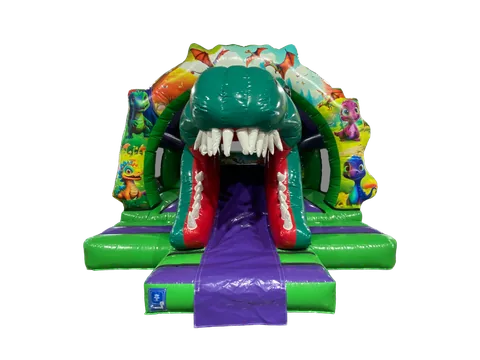 Dmuchaniec kombi 3D Dinozaur z zakrzywioną zjeżdżalnią z przodu 4,8 × 4,55 m