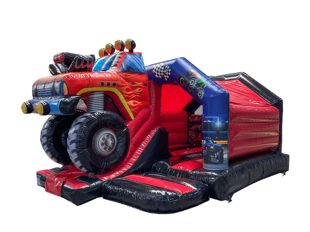 Dmuchaniec kombi 3D Monster truck ze zjeżdżalnią z przodu 5,5 × 3,7 m — zdjęcie 1 z 5