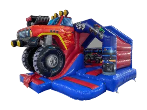 Dmuchaniec kombi 3D Monster Truck ze zjeżdżalnią z przodu 4,75 × 3,75 m, niebiesko-czerwony